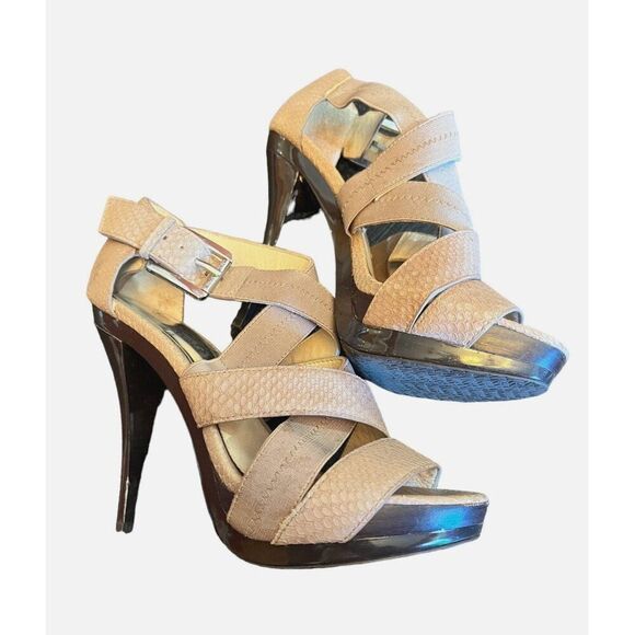 Michael Kors Strappy  Snake Skin Print‎ Tan Heels Size 7.5 - Picture 2 of 6